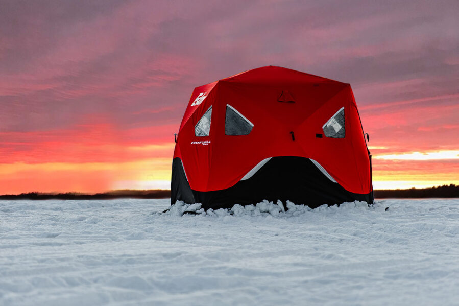 Ice fishing tent with horizon in background