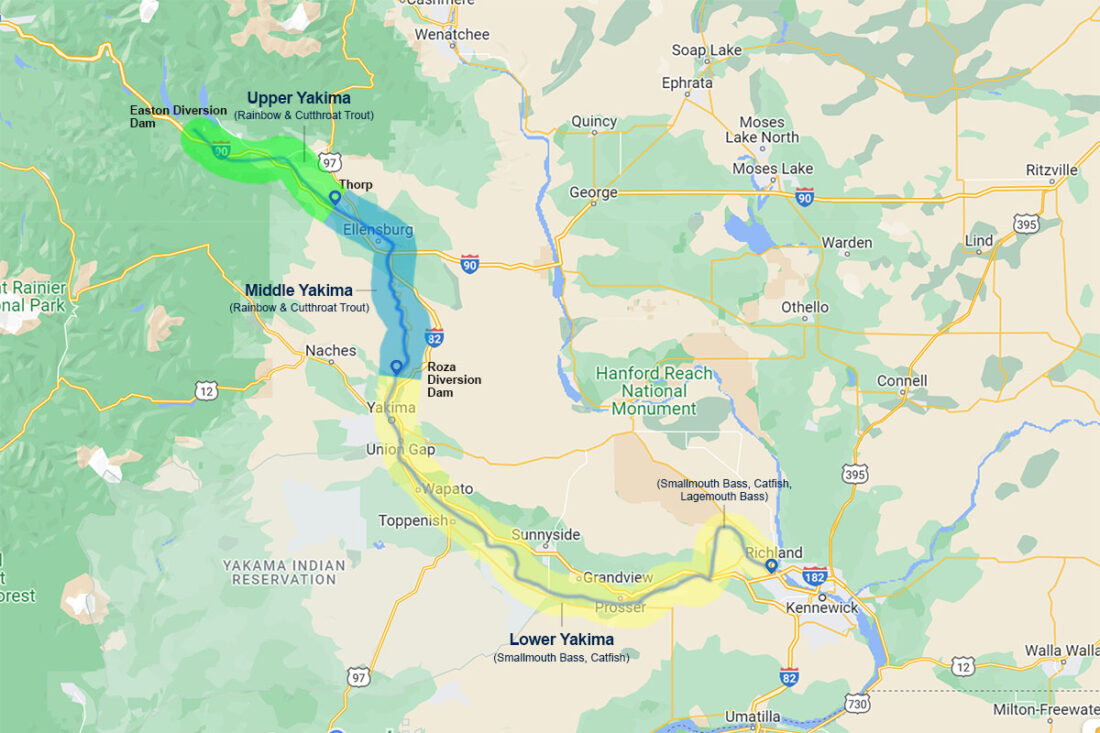 Map of upper, middle and lower yakima fishing areas
