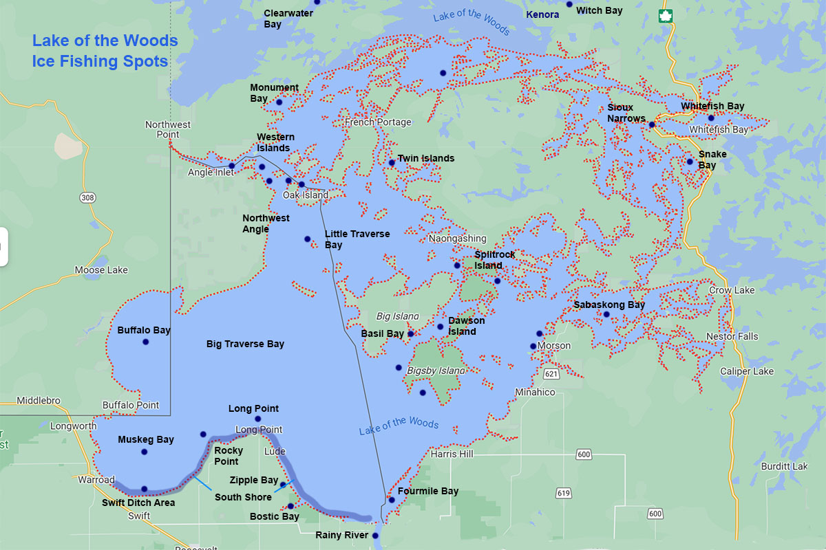 map of best ice fishing spots on lakes of the woods