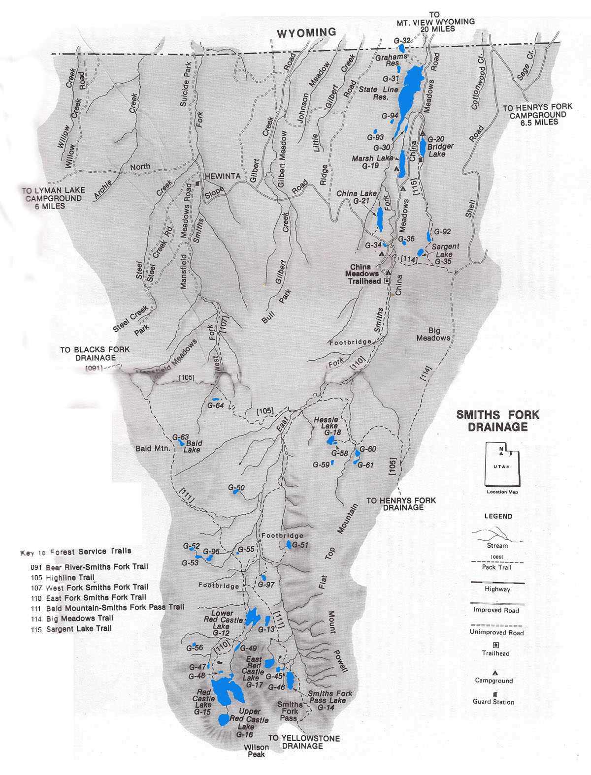 smiths fork drainage uintas fishing lakes map