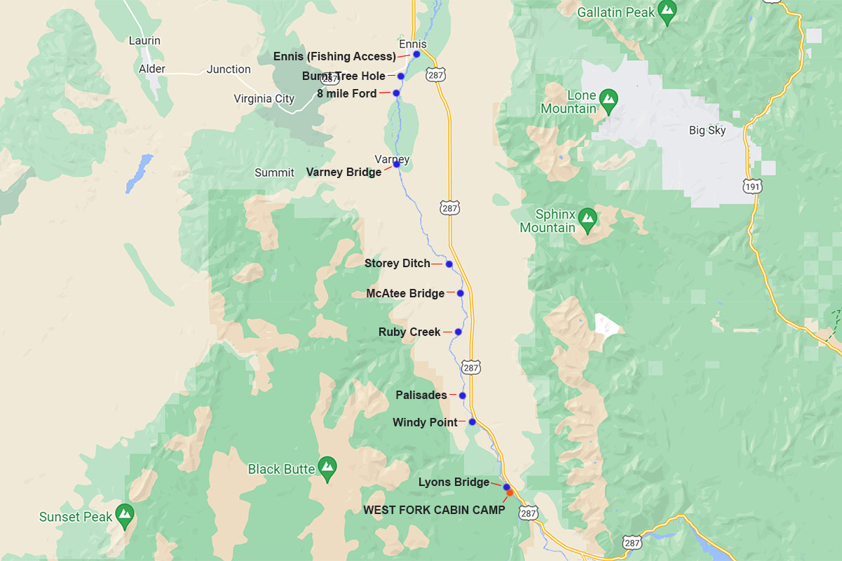 access points and float route map for madison river below lyons bridge