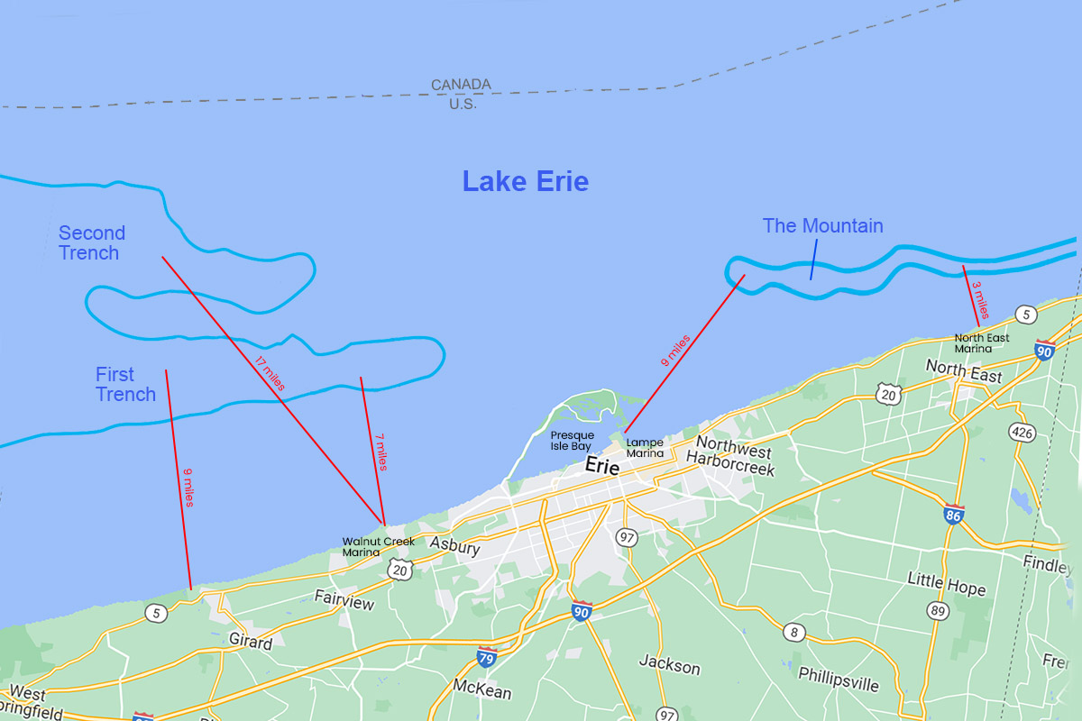 map of lake erie trenches and the mountain