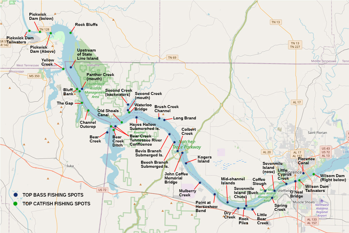 map of top bass and catfish fishing spots on pickwick lake