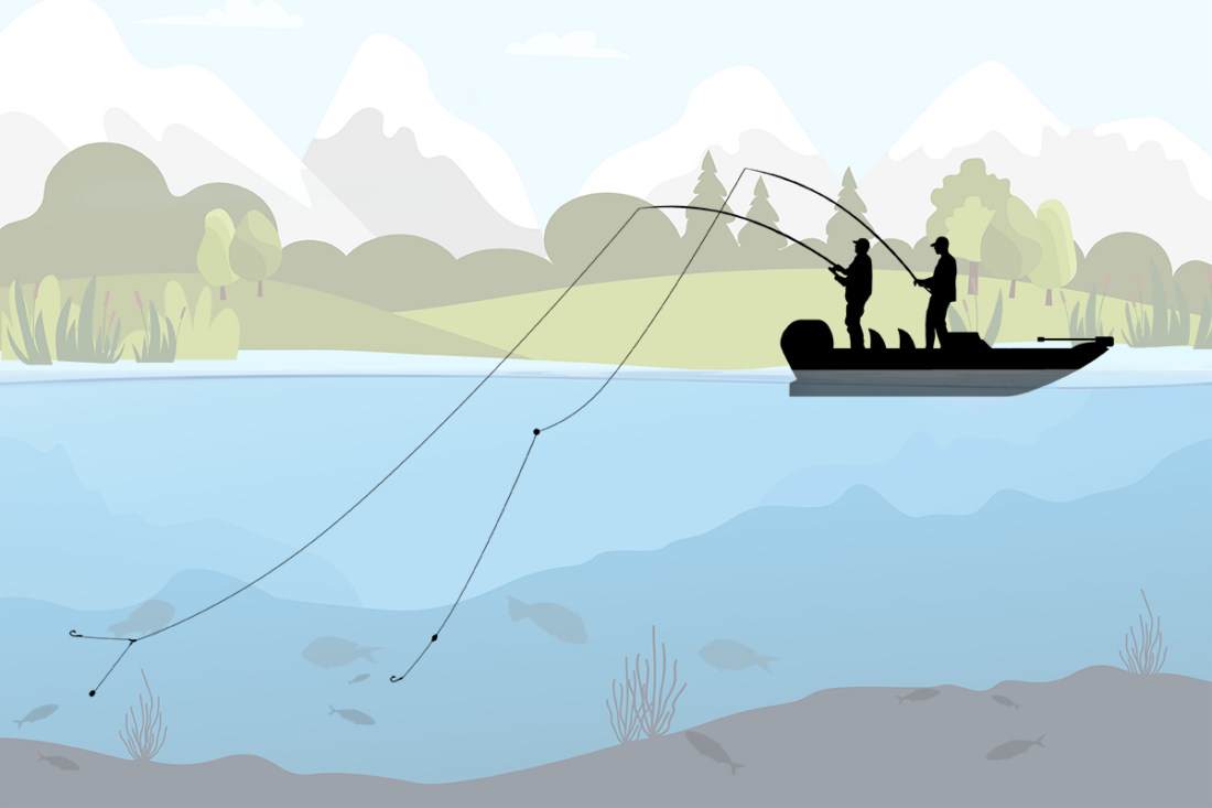 two men drift fishing from a boat