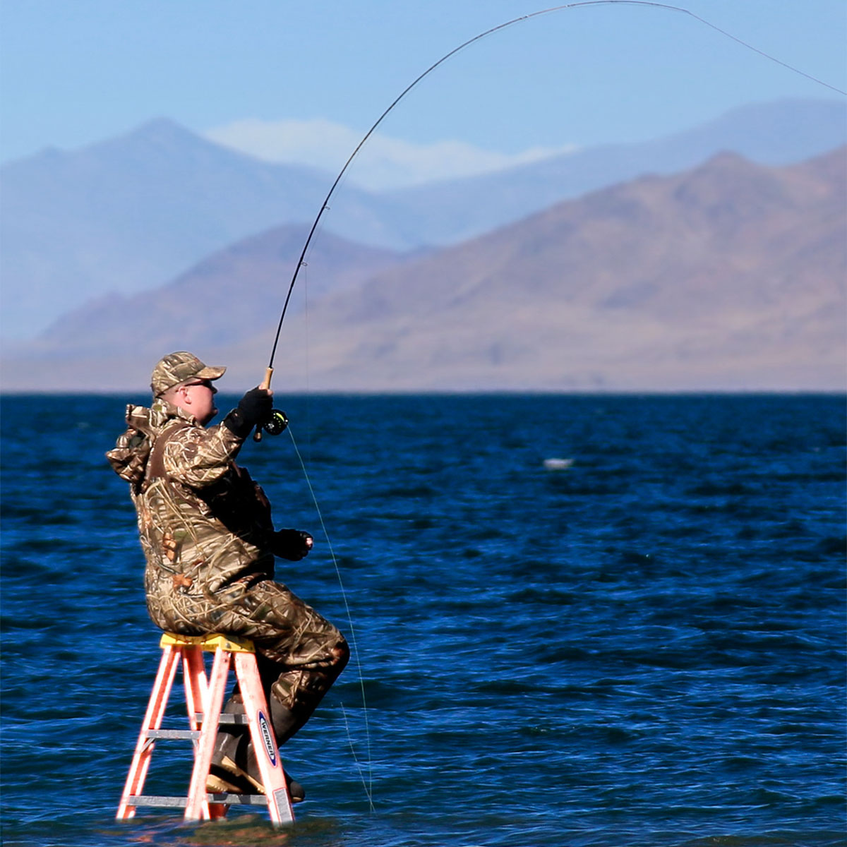 angler ladder fishing for lahontan cutthroat trout on pyramid lake